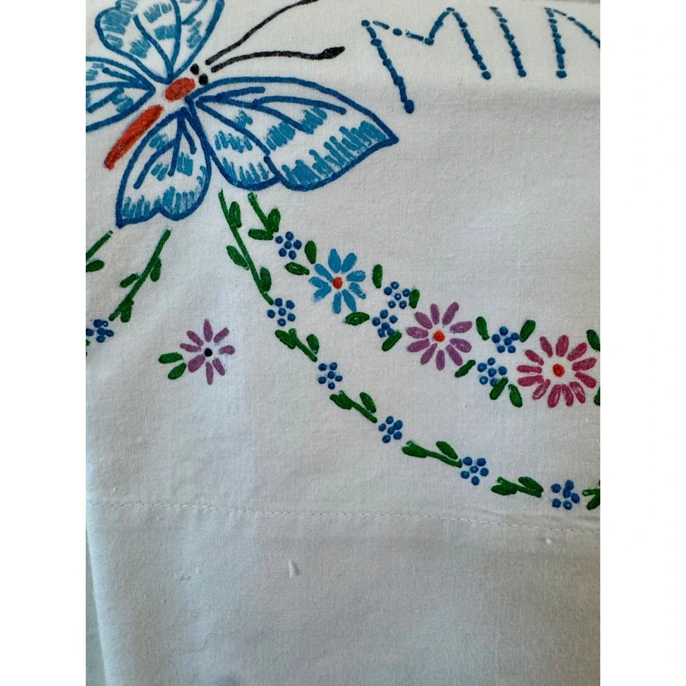 Vintage Mine and Yours Hand Embroidered Pillowcase Set Butterfly Crochet Lace